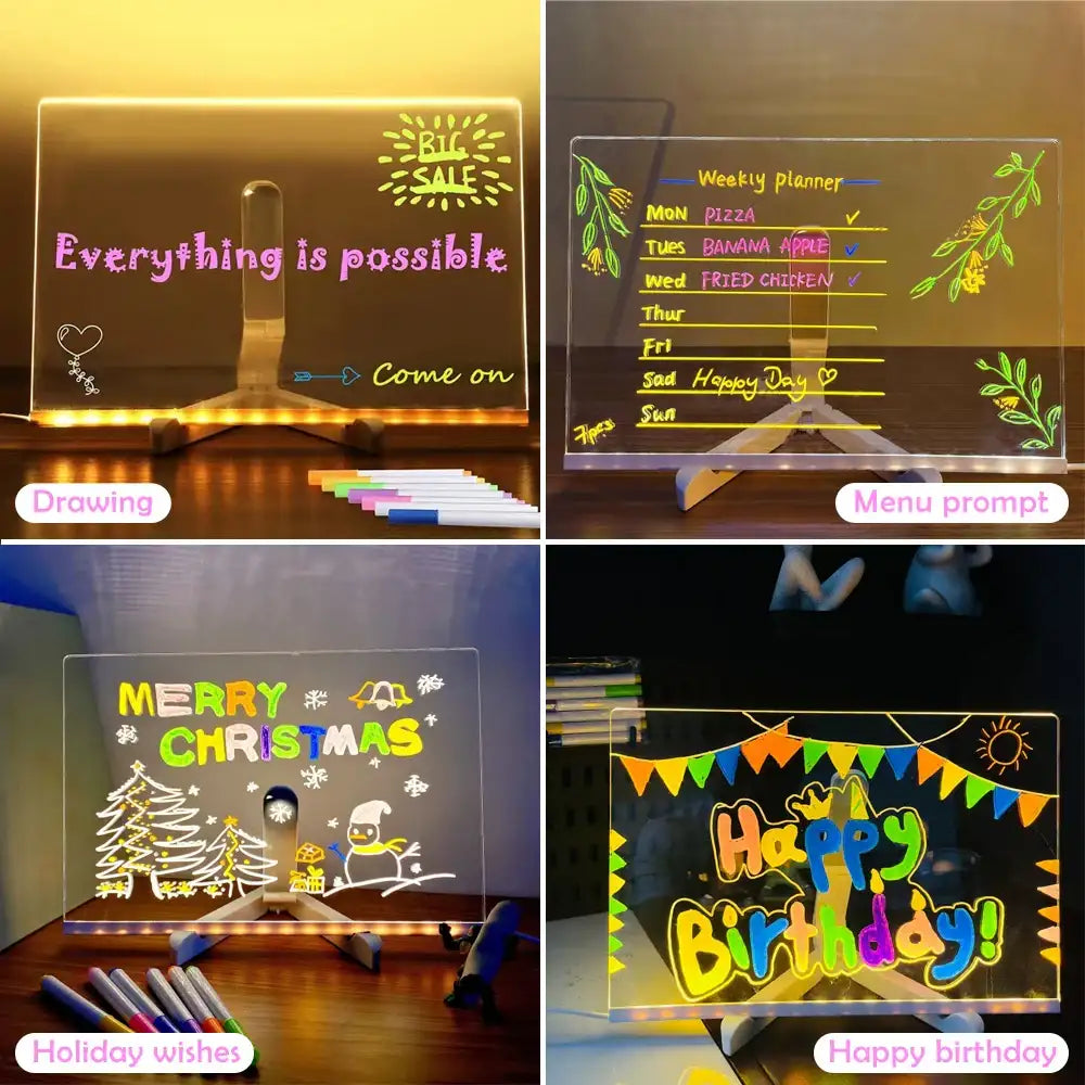 Colorful LED note board with night light by Smartlyo, featuring vibrant lighting and writable surface for notes and messages.