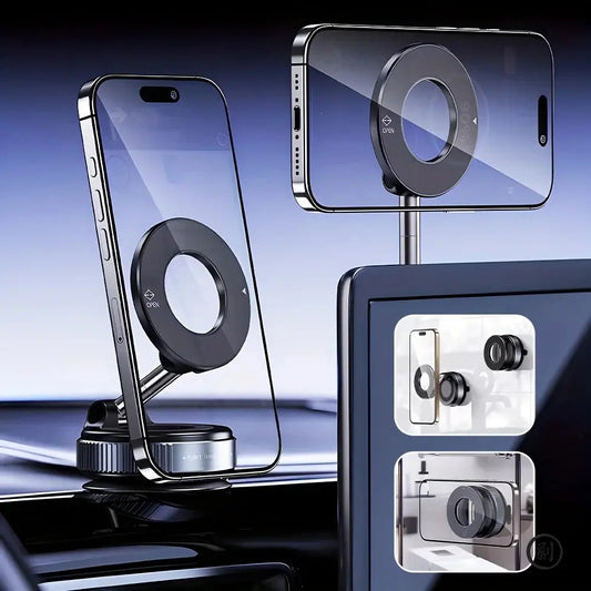 Smartlyo strong magnetic car phone holder attached to a car dashboard, holding a smartphone securely with magnetic grip.