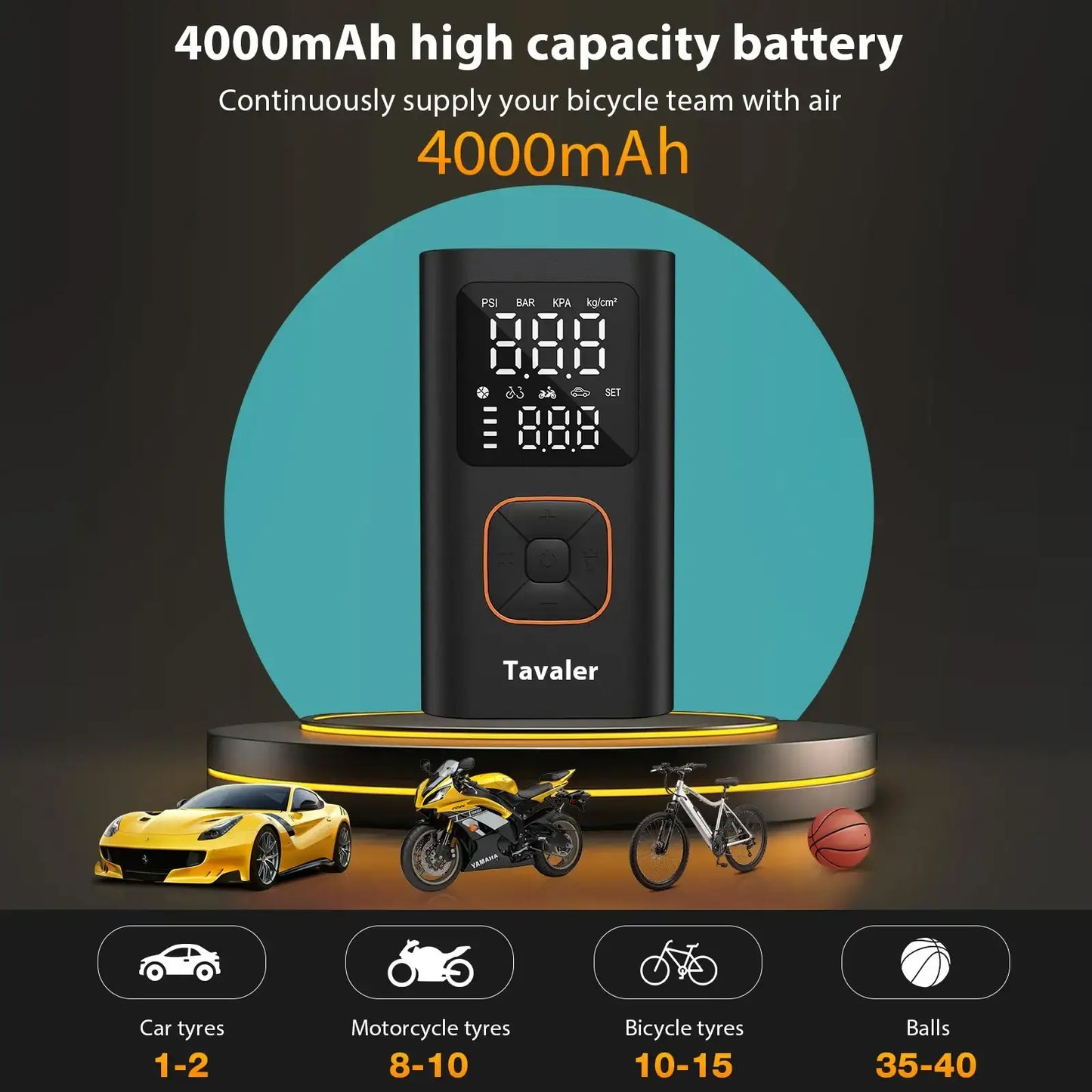 Smartlyo wireless air pump with 150psi capacity, compact design, and digital pressure display for inflating tires and sports equipment.