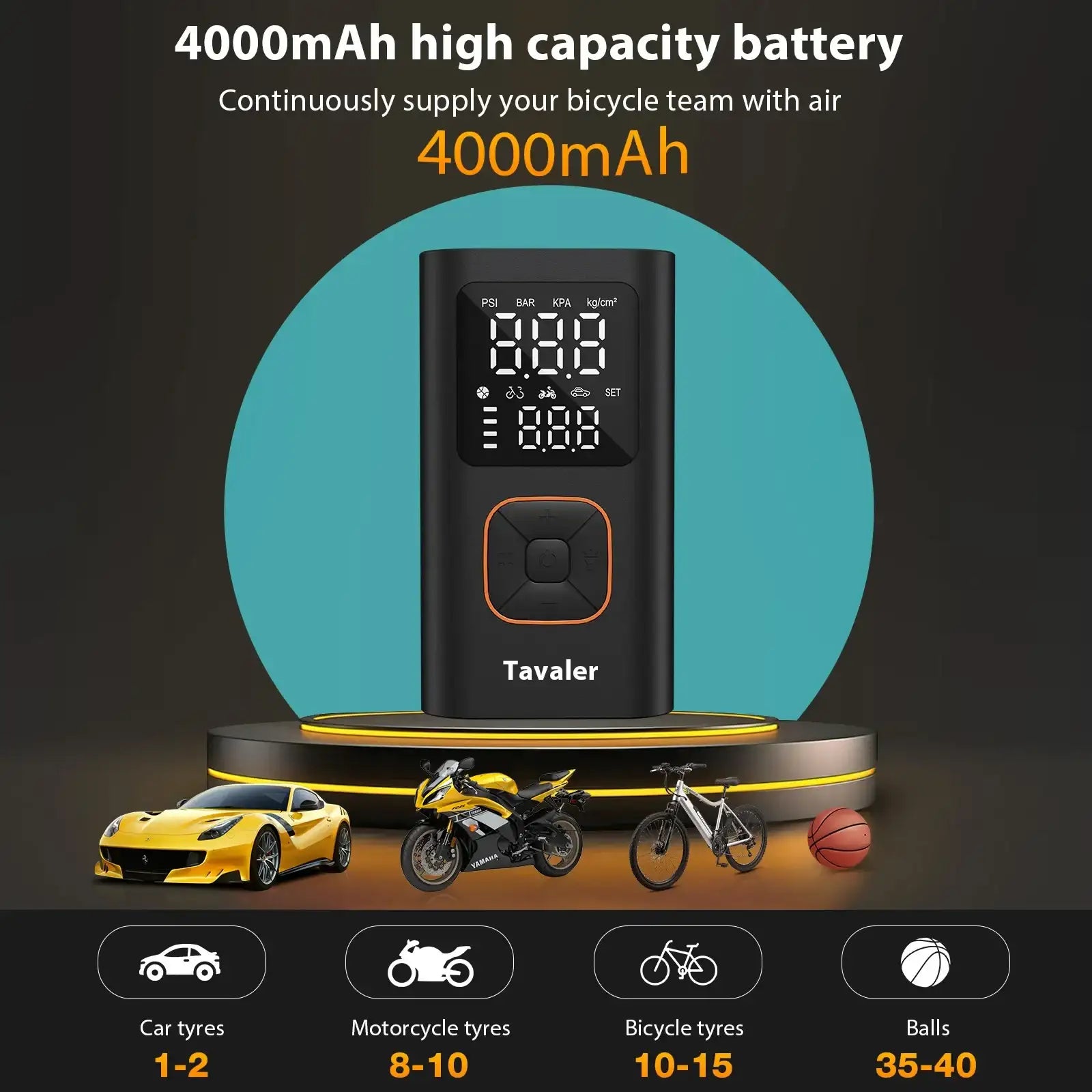 Smartlyo wireless air pump with 150psi capacity, compact design, and digital pressure display for inflating tires and sports equipment.