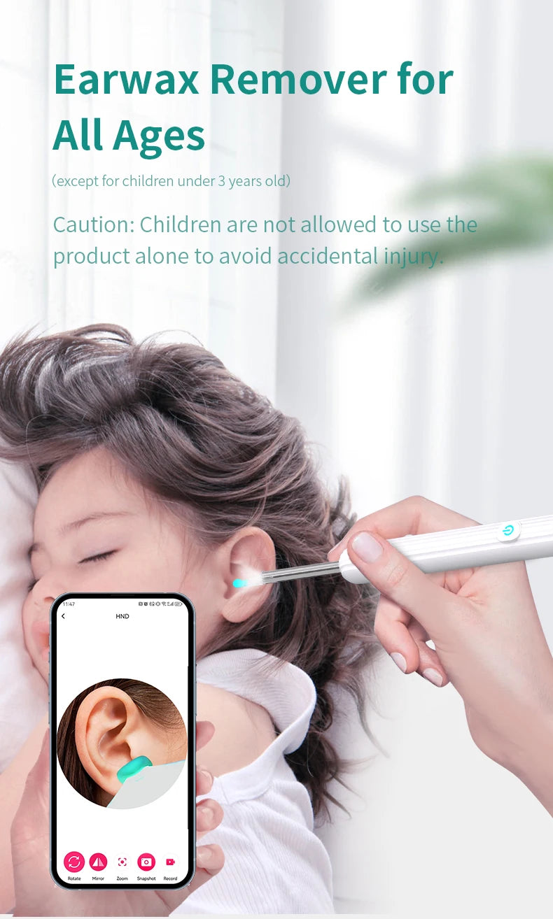 Smartlyo Smart Visual Ear Cleaner with camera showing a close-up of the device and its embedded camera lens for ear inspection.