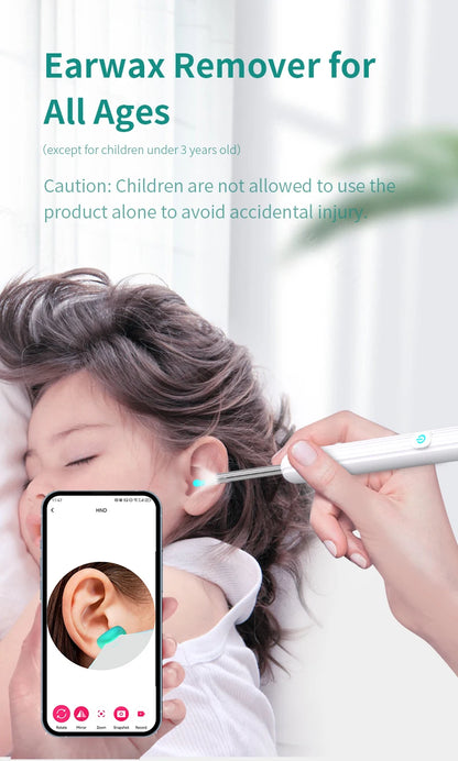 Smartlyo Smart Visual Ear Cleaner with camera showing a close-up of the device and its embedded camera lens for ear inspection.