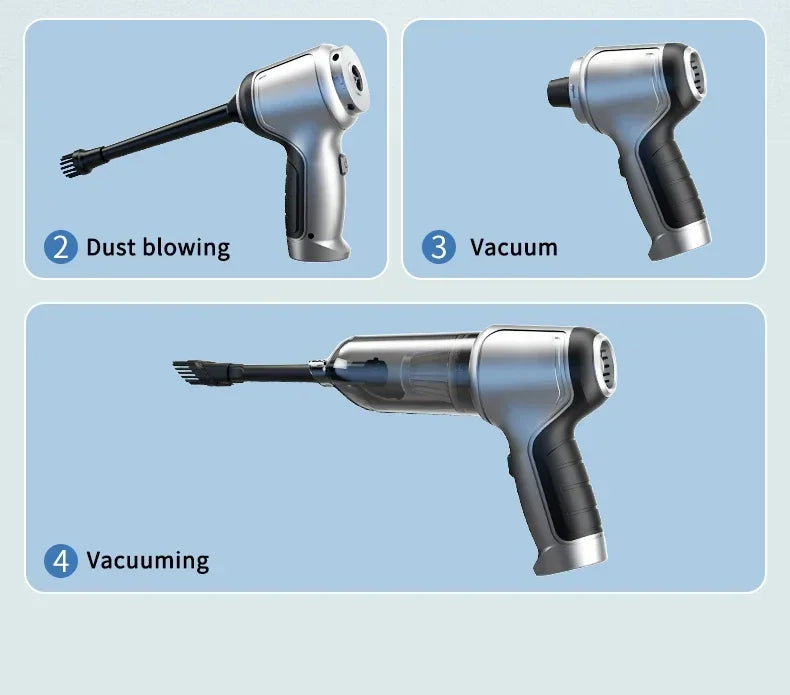 Wireless car vacuum cleaner by Smartlyo, cordless and portable, shown in use with handheld design and dust collection on car interior.