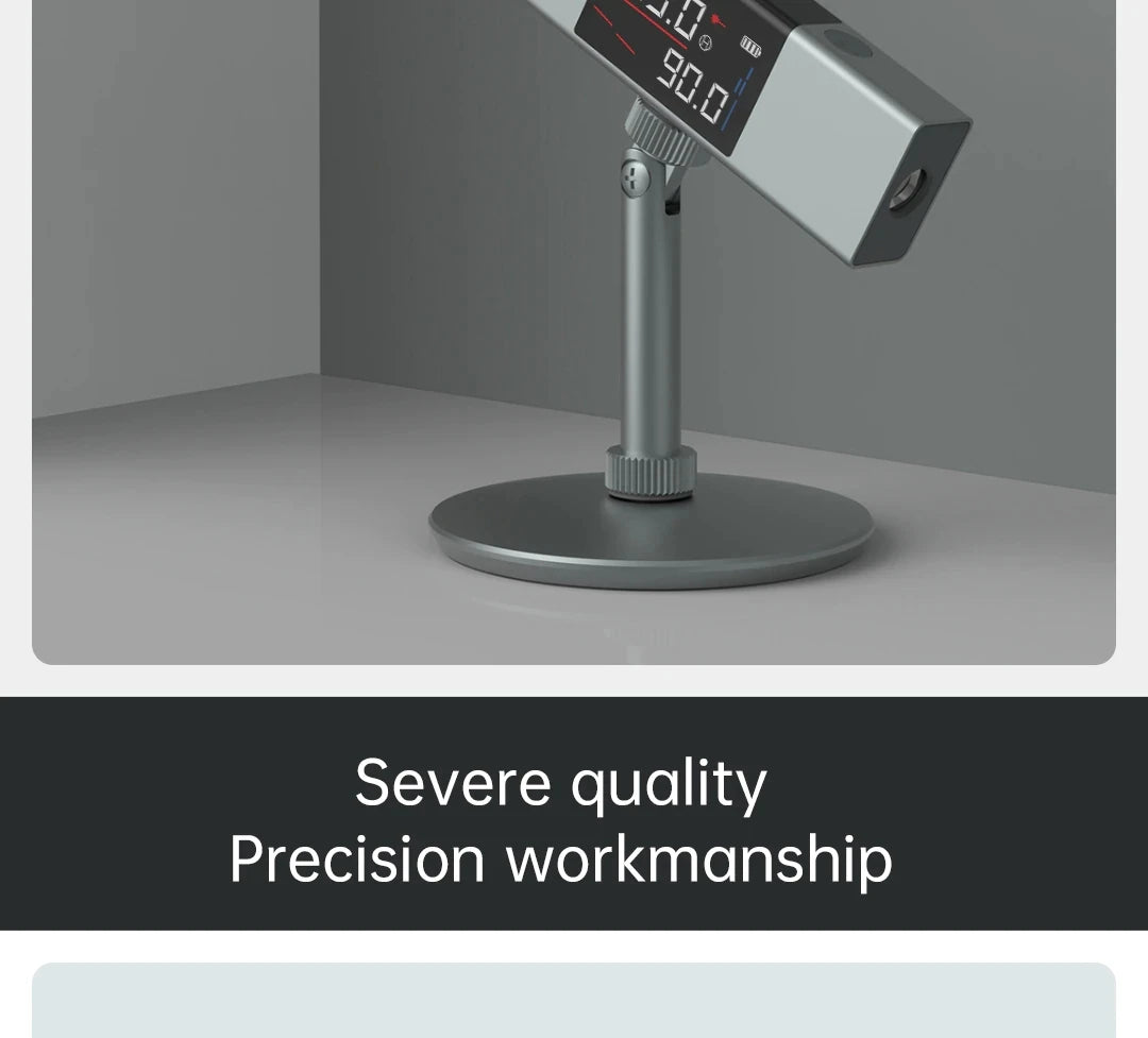 Digital inclinometer Laser Protractor by Smartlyo showing a clear LCD display and measurement buttons on a sleek black device.