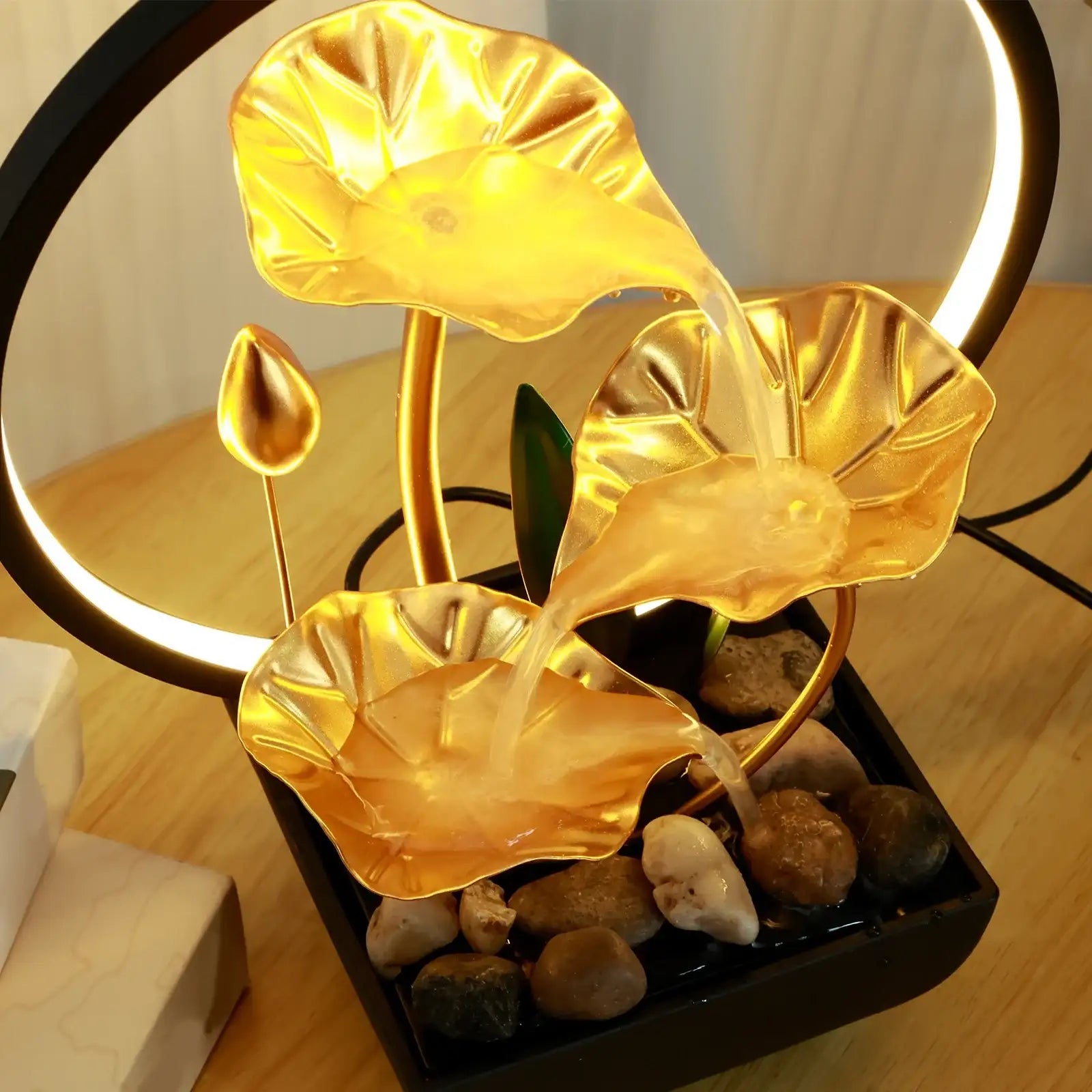 Smartlyo USB-powered desktop waterfall fountain with flowing water and calming design, ideal for relaxation and stress relief.