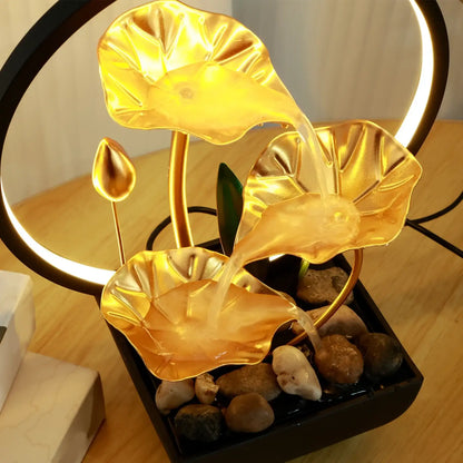 Smartlyo USB-powered desktop waterfall fountain with flowing water and calming design, ideal for relaxation and stress relief.