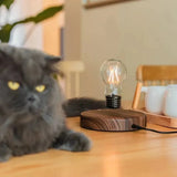 Magnetic levitation lamp by Smartlyo floating above a base with a glowing light, showcasing modern design and magnetic technology.
