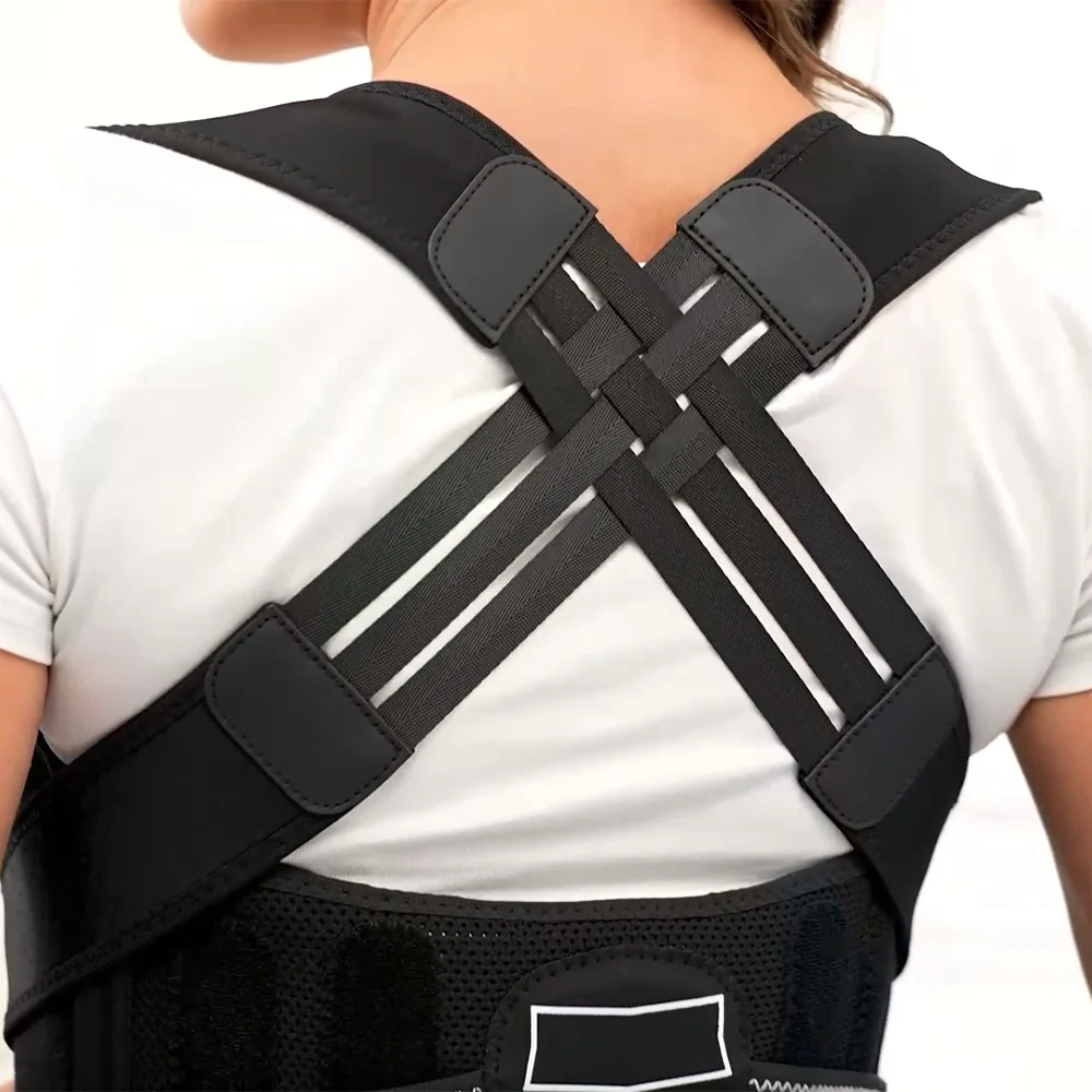 Adjustable posture corrector for women and men by Smartlyo, shown in a neutral color, worn over clothing for back support.