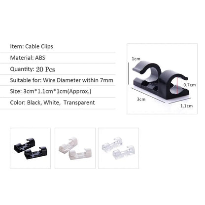 Set of 20 transparent Smartlyo adhesive cable clips for organizing and securing cables neatly on walls or desks.