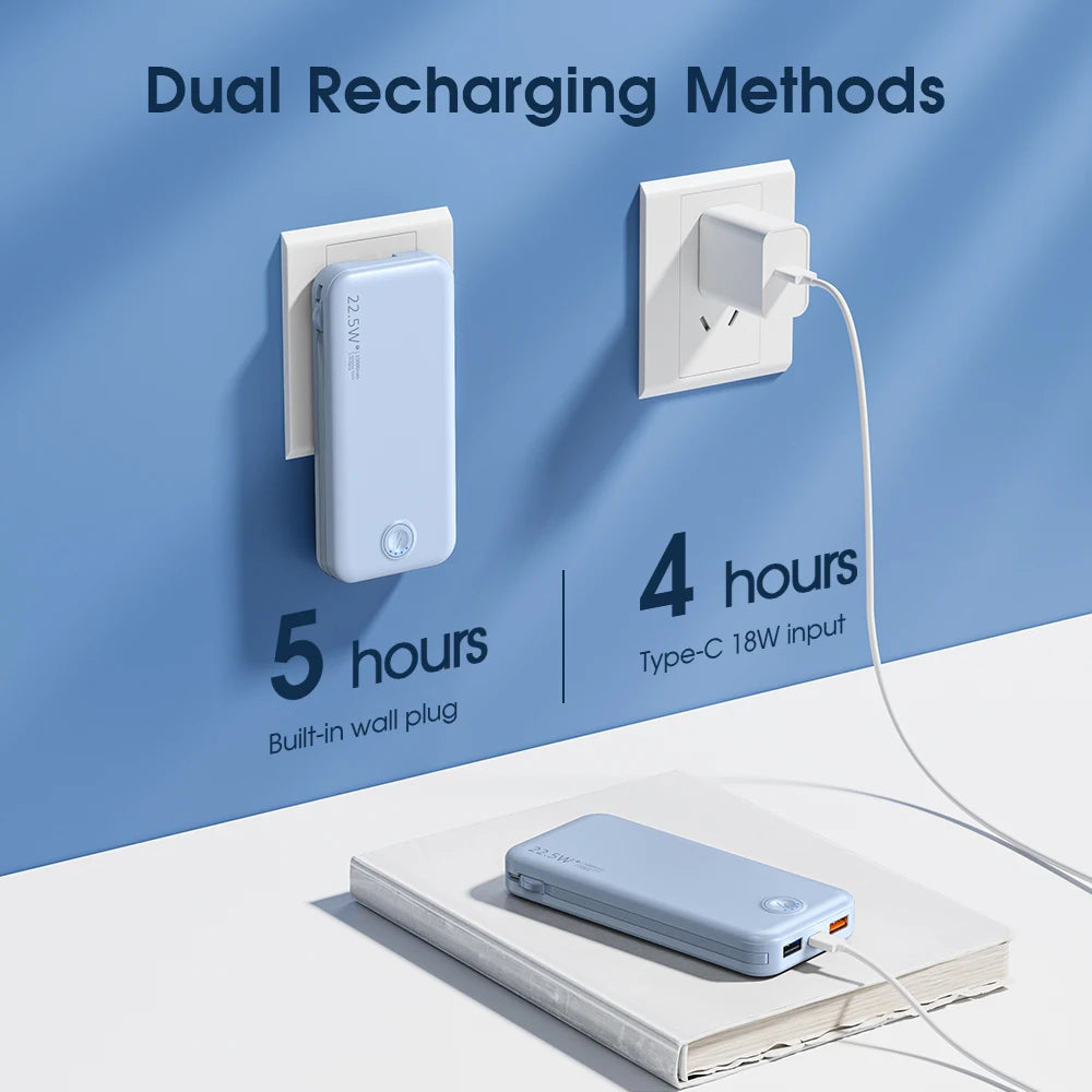 Smartlyo portable charger with built-in cables, compact design, and multiple USB ports for convenient device charging.