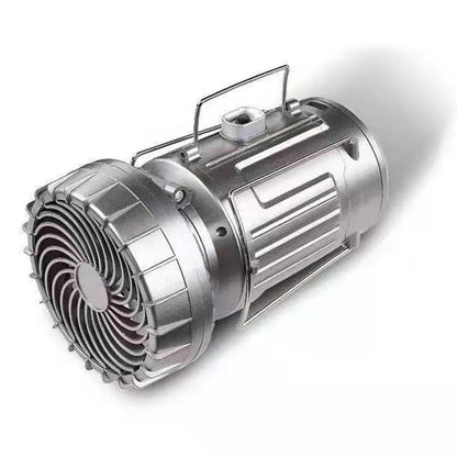 Smartlyo foldable camping fan light with LED lantern, compact design, and adjustable fan blades for outdoor camping and hiking.