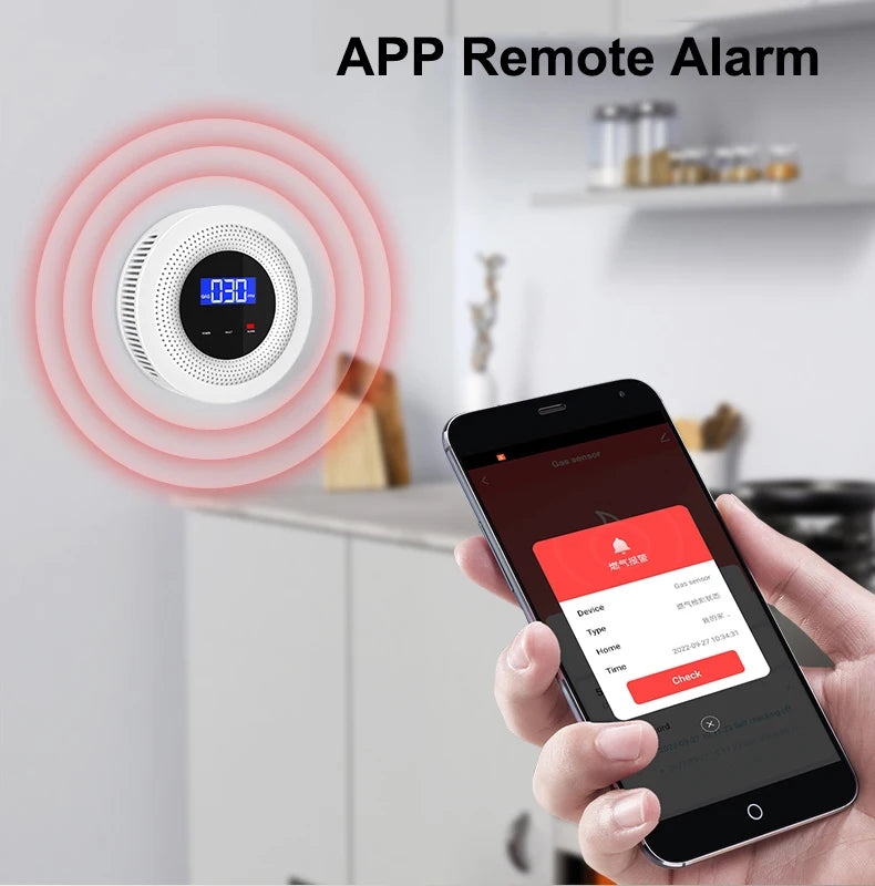 Smartlyo Tuya WiFi combustible gas leak sensor with digital display and safety alert features, designed for home gas detection.