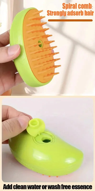Smartlyo steam pet hair removal brush with electric spray, showing the device and pet fur being removed from a pet's coat.
