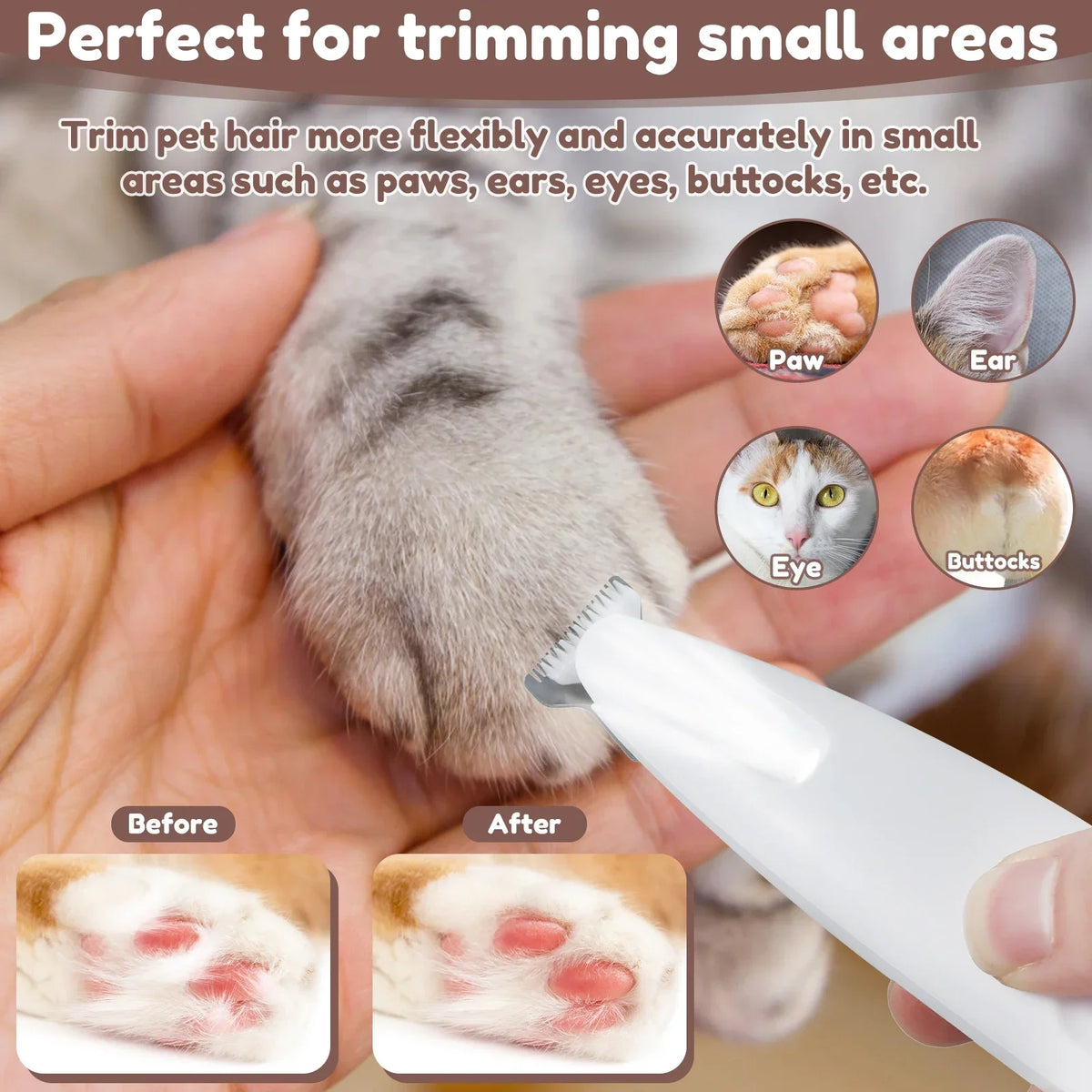 Smartlyo dog paw trimmer with LED light, showing the trimmer's blade and illuminated head for precise pet paw grooming.