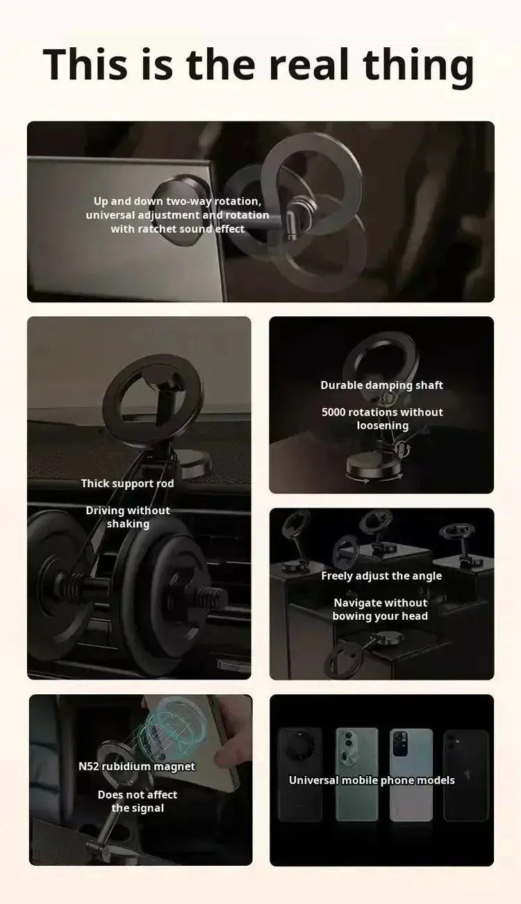 Smartlyo 360° strong magnetic cell phone holder mounted on car dashboard, holding a smartphone securely in place.