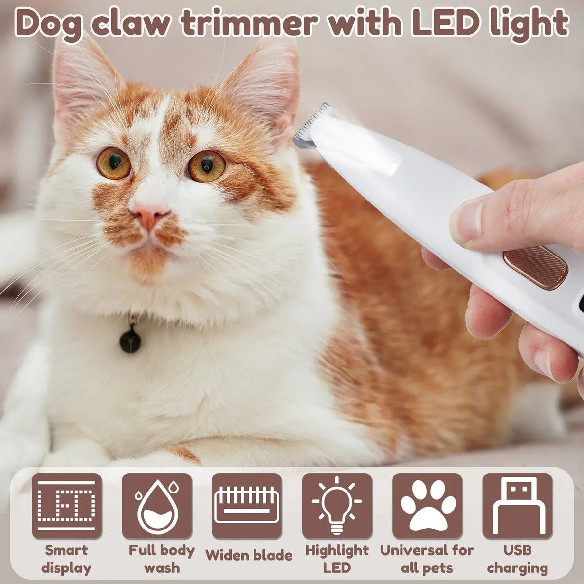 Smartlyo dog paw trimmer with LED light, showing the ergonomic design and trimming blades for pet nail grooming.