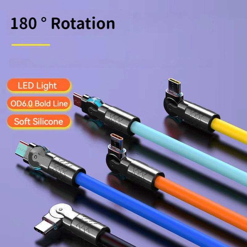 Smartlyo Fast Charge Type C silicone 180° rotating elbow connector showing flexible silicone design and 180-degree swivel angle.