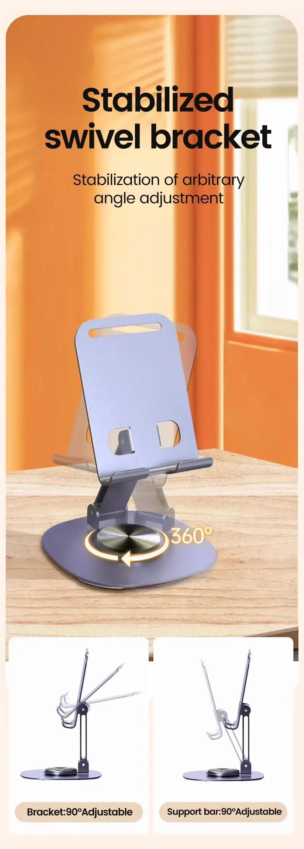 Smartlyo Olaf rotating table cell phone holder with adjustable stand and secure grip, ideal for desk or bedside use