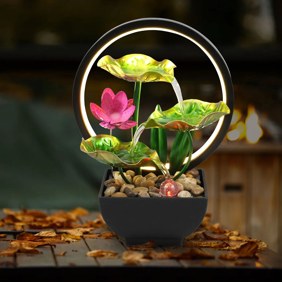 USB-powered relaxation desktop waterfall fountain by Smartlyo with flowing water and calming design on a sleek surface.