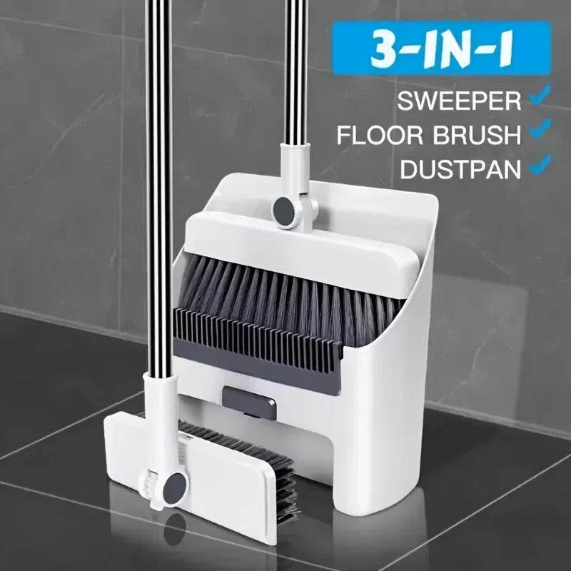 Smartlyo 3-in-1 folding broom and dustpan set for multi-surface cleaning, featuring compact design and easy storage.