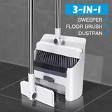 Smartlyo 3-in-1 folding broom and dustpan set for multi-surface cleaning, featuring compact design and easy storage.