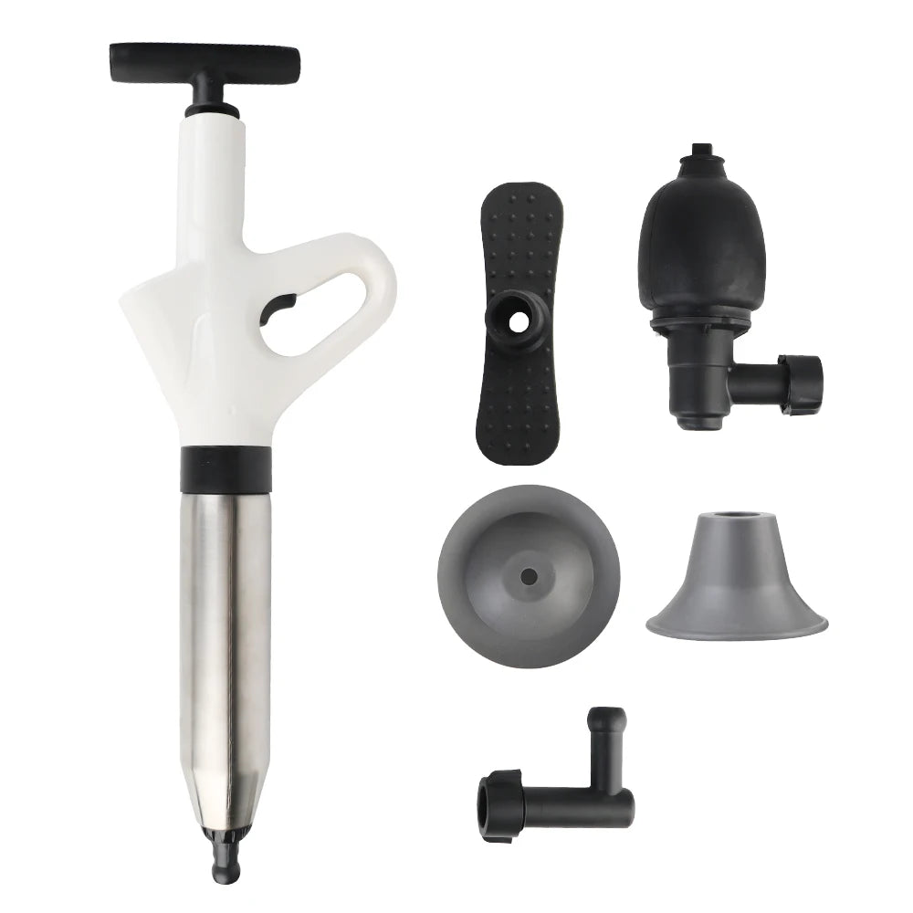 High pressure drain plunger and dredge clog remover tool, shown in use for clearing stubborn bathroom or kitchen drains.