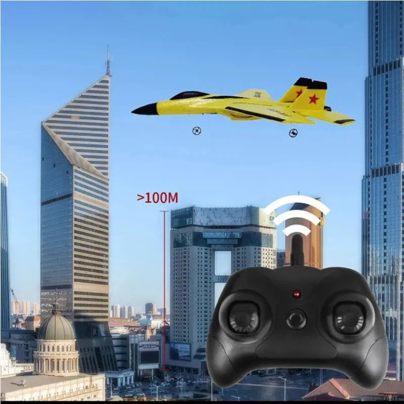 Smartlyo SU35 RC plane toy flying outdoors, detailed jet model with colorful design and remote control features.