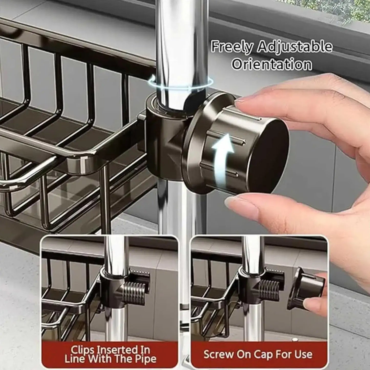 Smartlyo kitchen sink faucet organizer holding sponges and cleaning supplies, designed to keep the sink area tidy and accessible.