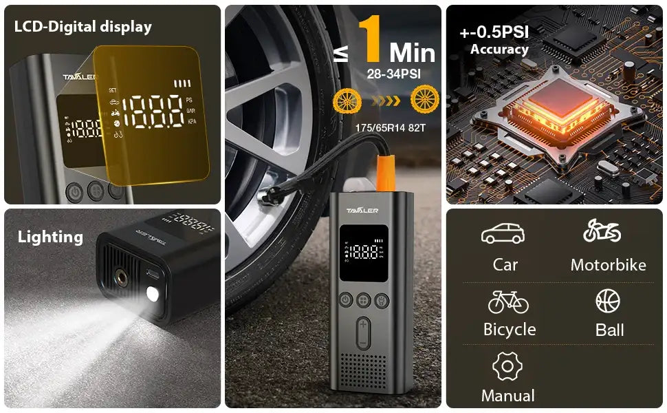 Wireless Air Pump 150psi by Smartlyo, compact portable device with digital display and nozzle for inflating tires and sports equipment.