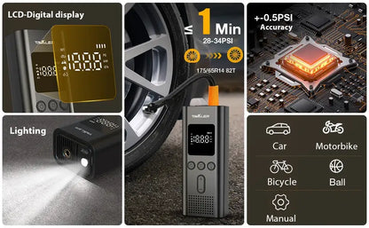 Wireless Air Pump 150psi by Smartlyo, compact portable device with digital display and nozzle for inflating tires and sports equipment.