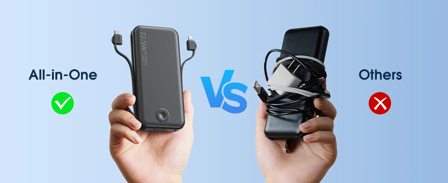 Smartlyo portable charger with built-in cables, compact design, and multiple charging ports for convenient mobile device power.