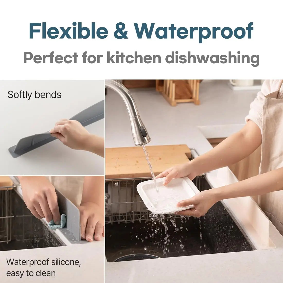 Smartlyo Rafford Silicone Sink Splash Guard with suction cups, flexible and easy to install for protecting kitchen counters from water splashes.