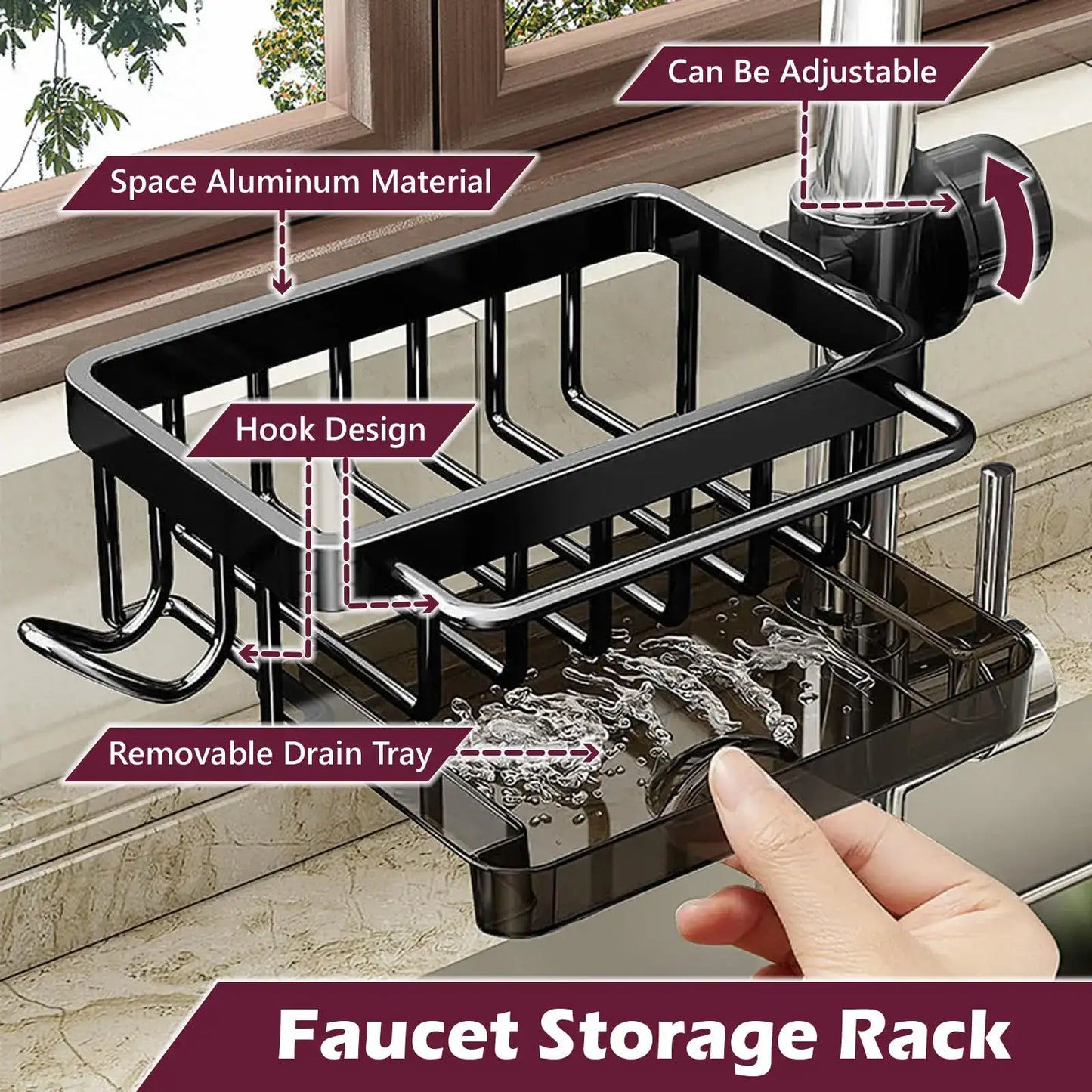 Smartlyo kitchen sink faucet organizer with multiple compartments for cleaning supplies and accessories.