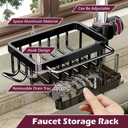 Smartlyo kitchen sink faucet organizer with multiple compartments for cleaning supplies and accessories.