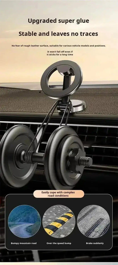 Smartlyo 360° strong magnetic cell phone holder mounted on a car dashboard with a smartphone attached for secure hands-free use.