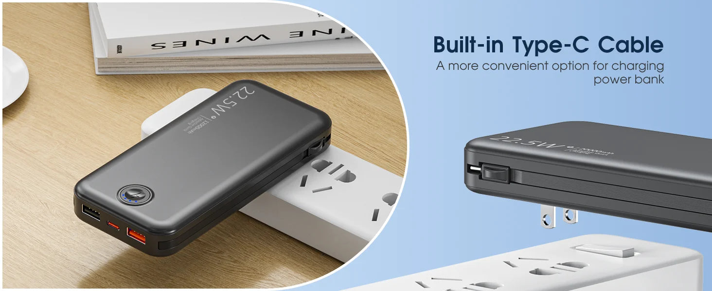 Smartlyo portable charger with built-in cables, compact design, and multiple charging ports for on-the-go device power.