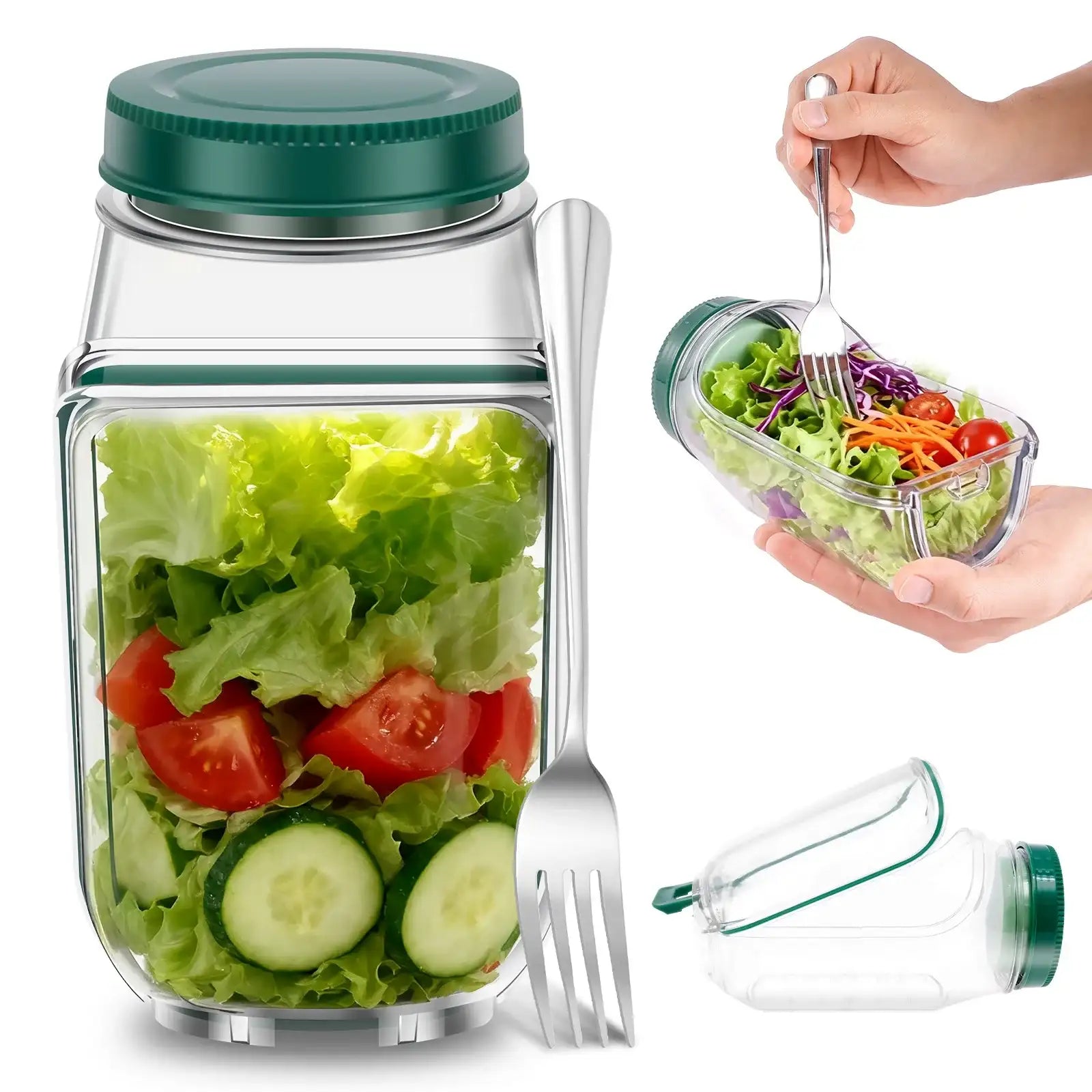 Smartlyo portable side-opening salad jar with clear container and black lid, ideal for fresh salads on the go.
