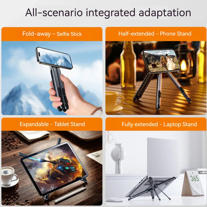 Foldable magnetic iPhone holder and laptop stand by Smartlyo, showing sleek design and adjustable angles for easy device support.