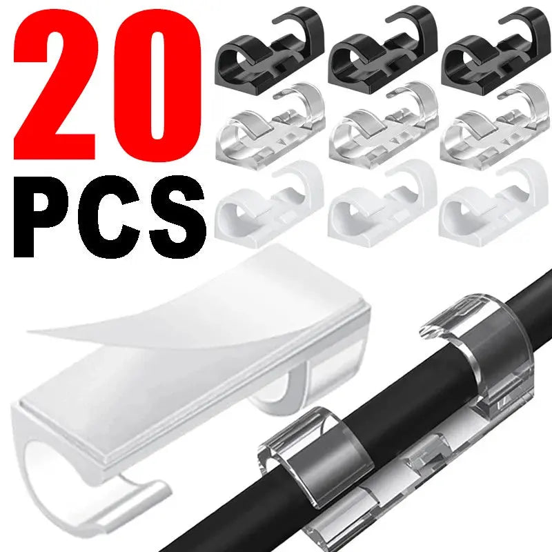 Set of 20 transparent adhesive cable clips by Smartlyo for organizing and securing cables neatly and discreetly.