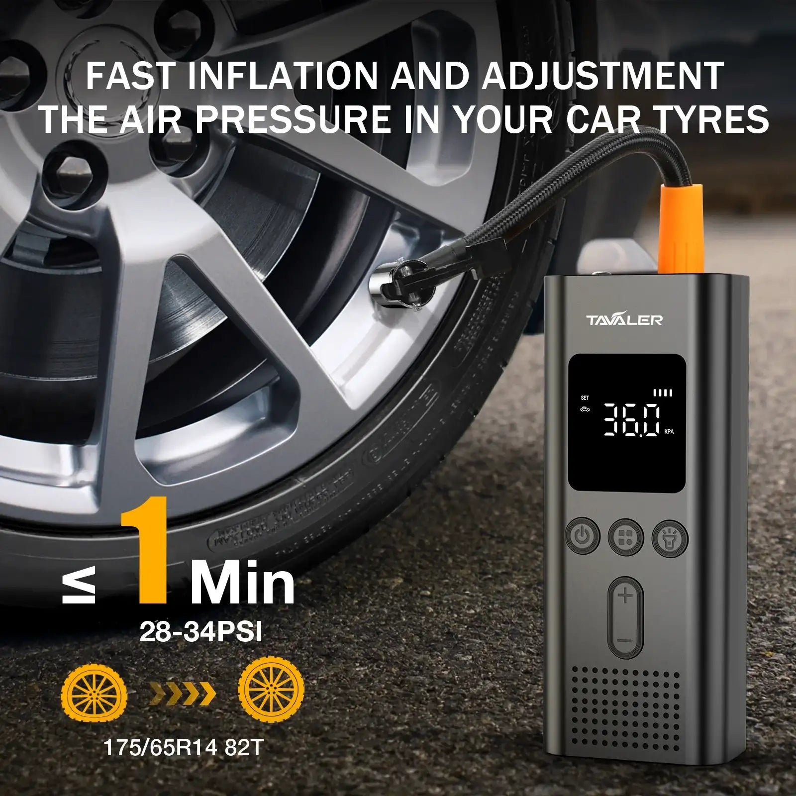 Smartlyo wireless air pump displaying digital pressure gauge and compact design, capable of inflating up to 150psi.
