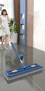 Smartlyo self-wringing 360° flat mop with adjustable handle and microfiber pad for efficient cleaning and easy wringing.