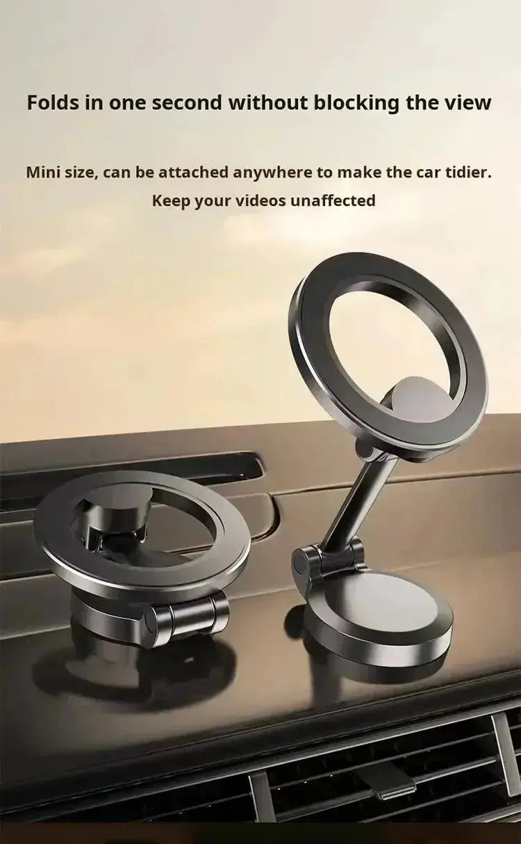 Smartlyo 360° magnetic cell phone holder with strong grip, mounted on a car dashboard, holding a smartphone securely in place.