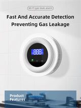 Smartlyo Tuya WiFi combustible gas leak sensor mounted on a wall, detecting gas leaks for home safety.