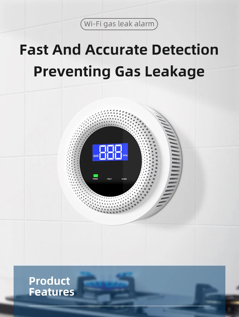 Smartlyo Tuya WiFi combustible gas leak sensor mounted on a wall, detecting gas leaks for home safety.