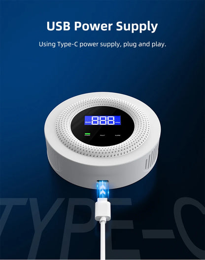 Smartlyo Tuya WiFi combustible gas leak sensor detecting gas leaks with digital display and alert indicator in a modern safety device