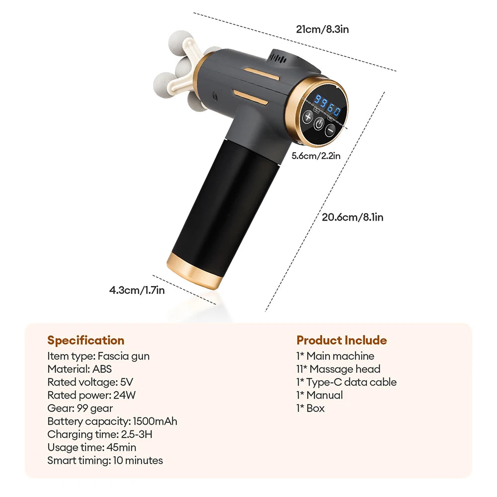 Smartlyo 11-in-1 electric massage gun with 99 speed levels, showing a sleek fascia gun for muscle relief and relaxation.