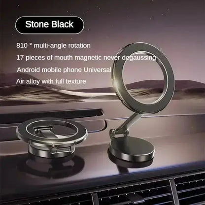 Smartlyo 360° magnetic cell phone holder showing the device securely mounted on a car dashboard with a strong magnetic grip.