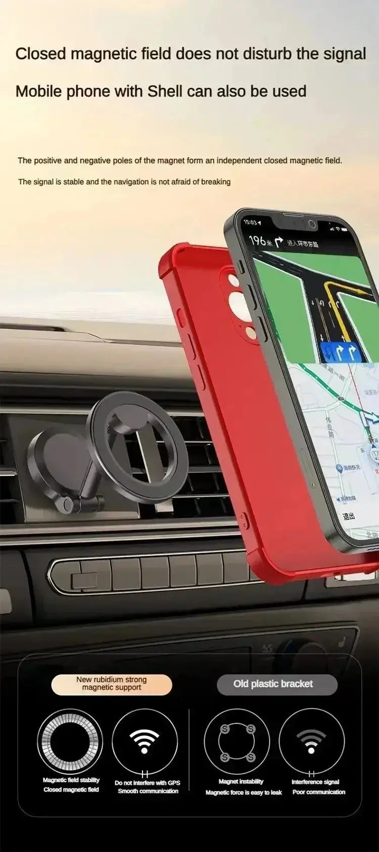 Smartlyo 360° strong magnetic cell phone holder attached to a car air vent, holding a smartphone securely for hands-free use.