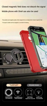 Smartlyo 360° strong magnetic cell phone holder attached to a car air vent, holding a smartphone securely for hands-free use.
