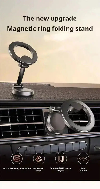 Smartlyo 360° magnetic cell phone holder attached to a car dashboard, showcasing strong magnetic grip and adjustable rotation.